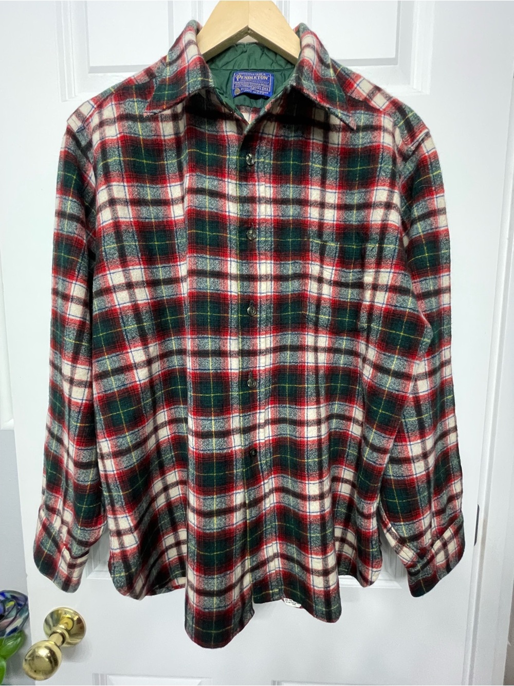 Pendleton 1960s Vintage Green & Red Plaid Wool Button-Down Shirt
